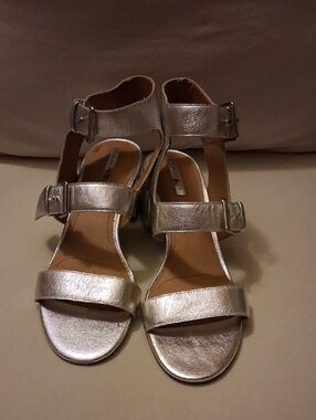 Tahari Metallic Silver Three-Strap Block Heel Sandals